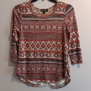 Absolutely Famous Multicolor Geometric 3/4 Length Sleeve Boho Top